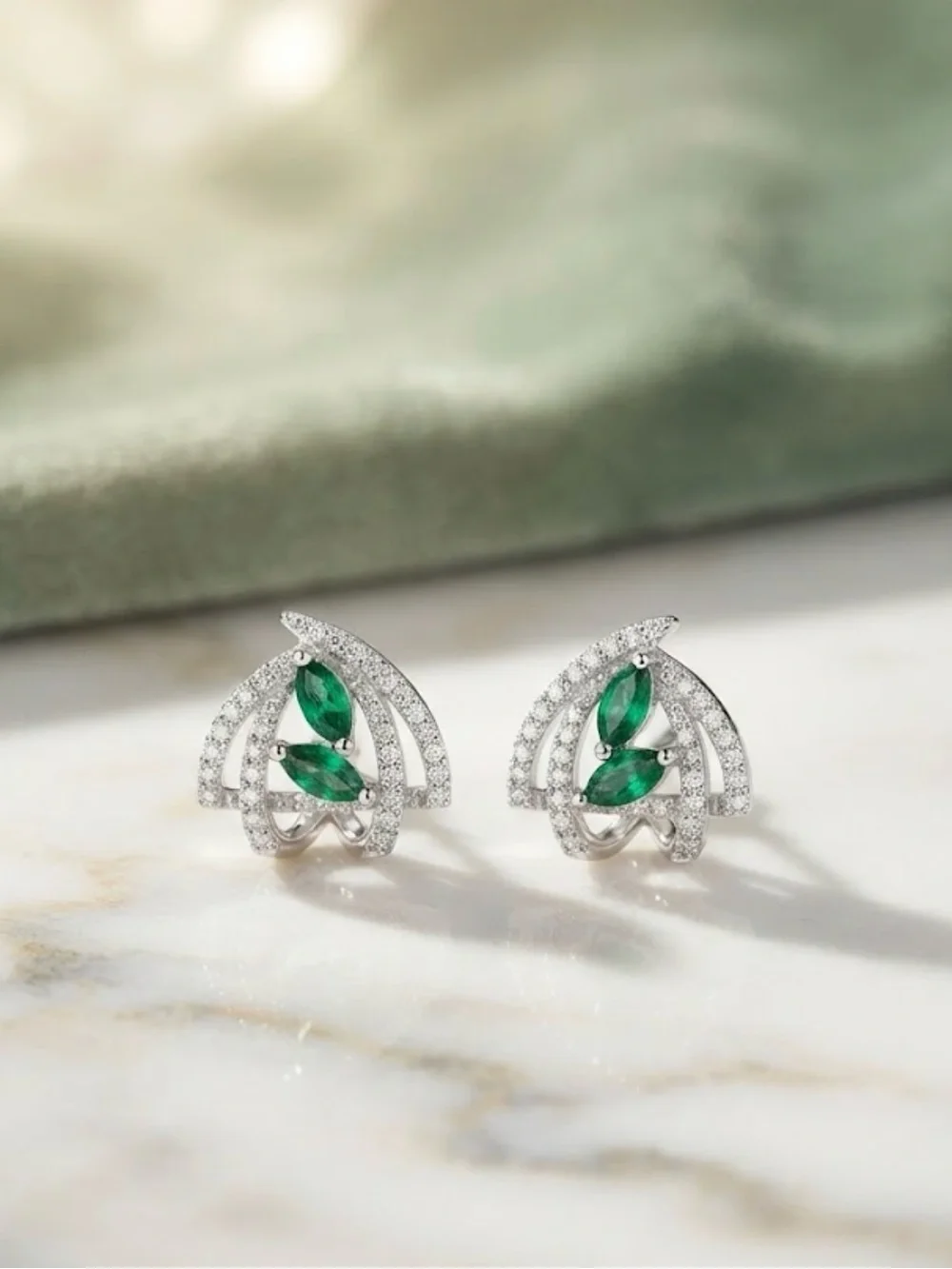 Silver-Tone Rhinestone Scallop Stud Earrings